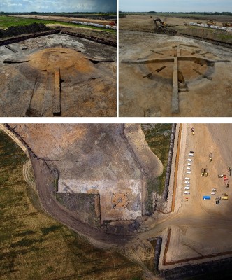 Figure 2. Barleycroft Farm/Over barrow 18 excavations: top, mound-excavation stages (photographs, D. Webb) and, below, Ben Robinson’s aerial photograph in which the excavation segments dug initially around the monument’s circuits are visible.